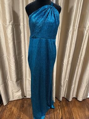 Fashion Nova Teal Shimmer One-Shoulder Gown